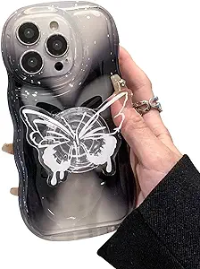 Butterfly Phone Case for iPhone 14, Cute Korea Clear Black Gradient 3D Butterfly Phone Cover with Butterfly Hold Stand for Women Girls