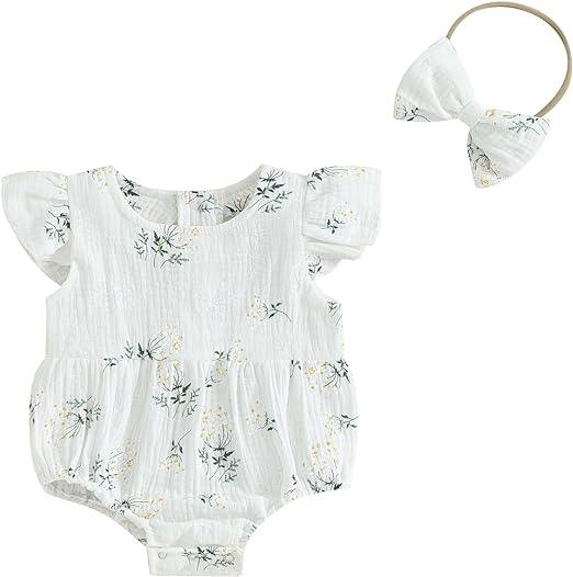 Newborn Baby Girl Romper Floral Ruffle Sleeveless Jumpsuit Cotton Bodysuit with Headband Summer Clothes Outfit