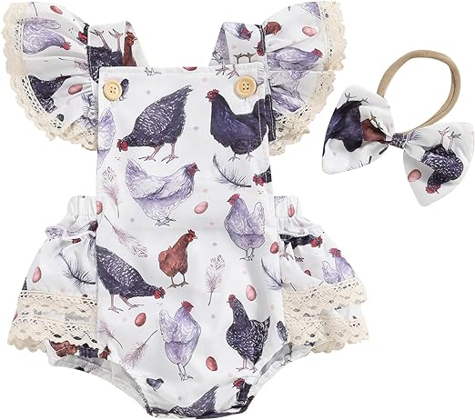 Lesimsam Newborn Baby Girl Farm Outfits Chicken Print Romper Lace Ruffle Sleeveless Backless Romper Bodysuit with Headband