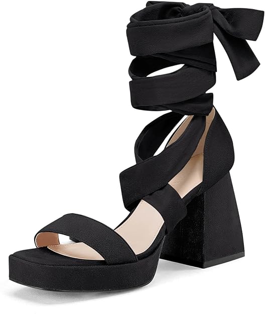 Coutgo Womens Platform Chunky High Heels Lace Up Sandals Ankle Strappy Open Toe Party Dress Shoes