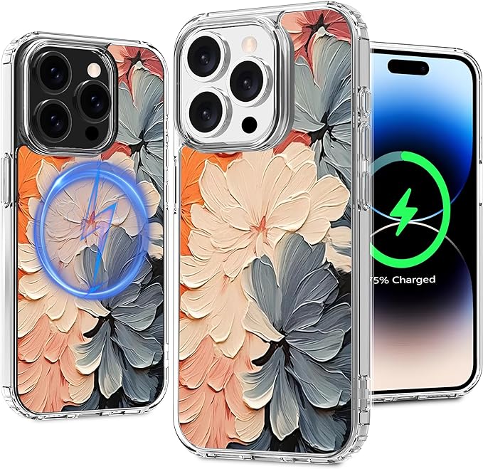 Magnetic Clear Case for iPhone 14 Pro Max, Flower Printing Pattern Design for Women Girls Shockproof Floral Protective Case, Compatible with MagSafe, 6.7” (Pic 15)
