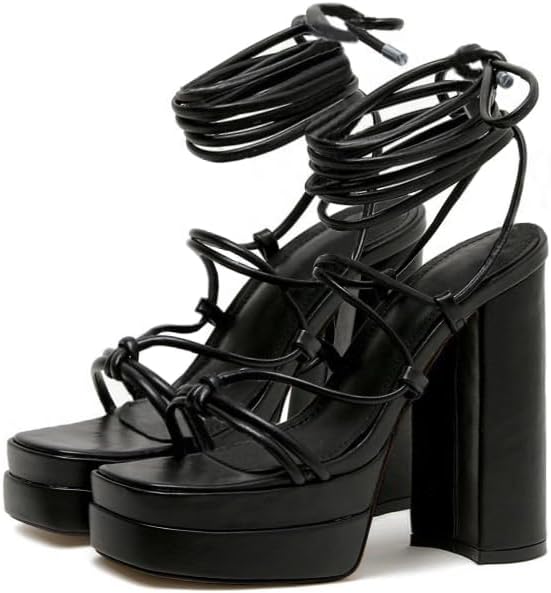 Coutgo Women's Lace Up Platform Heels Sandals Strappy Chunky High Heel Square Toe Party Shoes