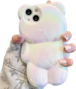 Bear Phone Case Compatible with iPhone 14 Case, Cute 3D Holographic Pure White Bear Case, Shockproof Kpop Cartoon Bear Phone Case for Women Girls