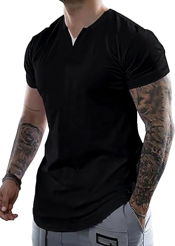 JMIERR Men's Muscle Slim Cotton T Shirts V-Neck Longline Henley Shirt Gym Workout Athletic Tees