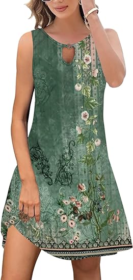 ETCYY Summer Dresses for Women 2024 Trendy Boho Floral Print Cover Up Crew Neck Sleeveless Sundresses with Pockets