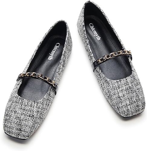 Visit the Chicmyth Store Mary Jane Flats;Square Toe Metal Chain Flats;Tweed Fabric Delicate and Elegant Women Shoes