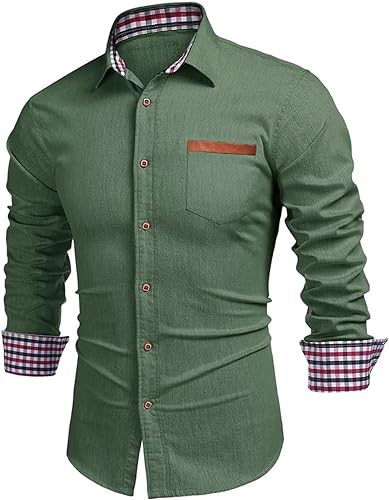 Men's Dress Shirts 2023 Casual Plaid Collar Long Sleeve Denim Button Down Work Shirts