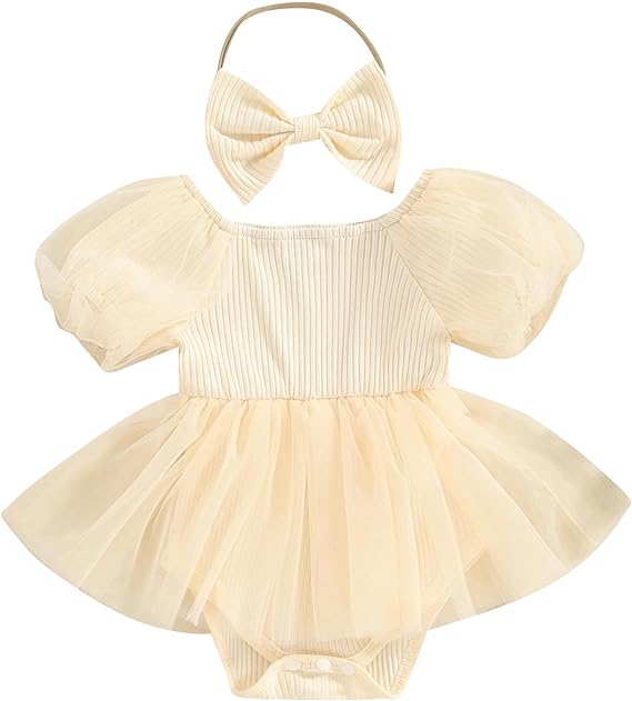 Baby Girls Summer Romper Dress Short Puff Sleeve Ribbed Romper Tulle Patchwork Skirt with Headband