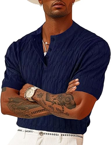 Men's Knit Polo Shirts Short Sleeve Texture Henley Shirts Knitted T-Shirts Casual Lightweight Golf Shirts