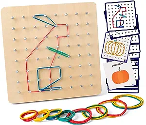 Wooden Geoboard Mathematical Manipulative Material Array Block Geo Board – Graphical Educational Toys with 30Pcs Pattern Cards and Latex Bands Shape STEM Puzzle Matrix 8x8 Brain Teaser for Kid