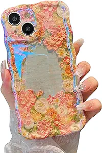 XIZYO Case for iPhone 14, Colorful Retro Oil Painting Flower Cute Floral Aesthetic Curly Wave Frame Laser Glossy Reflective Exquisite Stylish Protective Cover Women Girls-Garland Flower/Blue