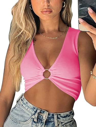 AEVZIV Sexy Crop Tops for Women Sleeveless Deep V Neck Workout Tops Plunge Ring Cleavage Cropped Tank Top