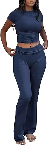 YETOWA Women's 2 Piece Lounge Outfits Slim Short Sleeve Tops Low Rise Flare Leggings Sets Yoga Sweatsuit
