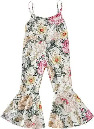 Emmababy Toddler Girl Bell Bottom Romper Baby Floral One Piece Ribbed Cotton Jumpsuit Flare Pants Overalls Summer Playsuit
