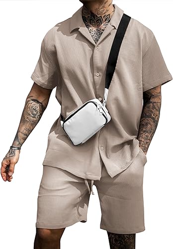 URRU Men's Shirt and Shorts Set Short Sleeve Casual Button Down 2 Piece Summer Outfits