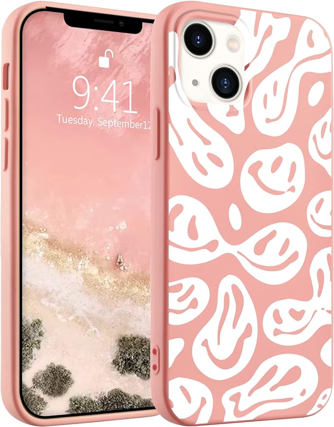 Idocolors Cute Funny Face Case Compatible with iPhone 13,Pink Ghost Face Liquid Silicone Case,Soft Gel Rubber Full-Body Protective Microfiber Lining Shockproof Case