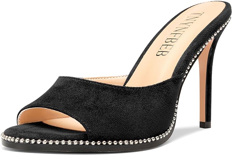 Womens Stiletto High Heel Peep Open Toe Sandals Mules Shoes Slingback Slip-on Sliver Beaded Prom Dress 3.9 Inches Heels