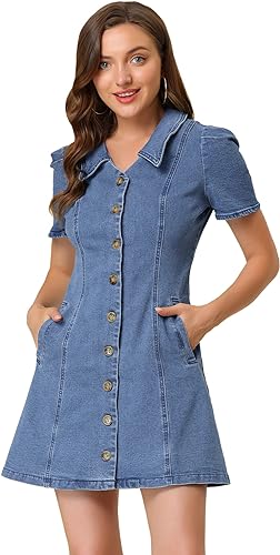 Allegra K Women's Collared Button Down Short Sleeve Vintage Jean Demin Dress
