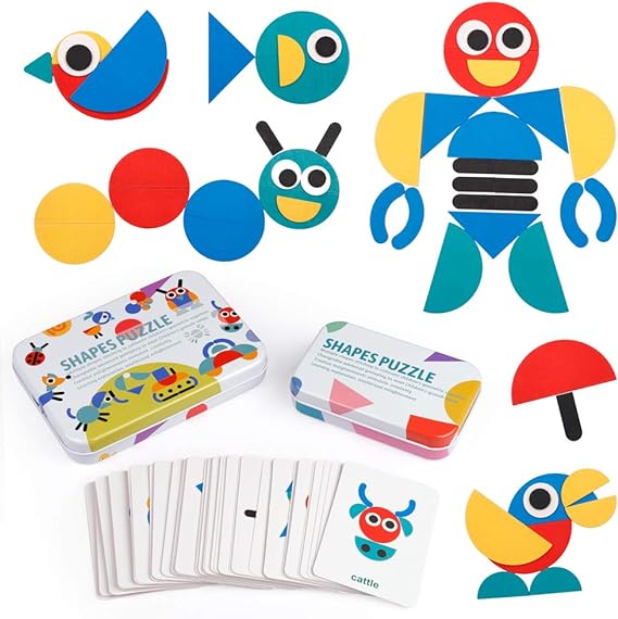 Wooden Pattern Blocks - Tangram Shape Puzzle Set Color Sorting Stacking Game Wood Animal Jigsaw Preschool Montessori Brain Teaser STEM Gift for 3 4 5 Years Old Toddler Kids (60 Pattern Cards)