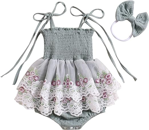 Baby Girl Summer Clothes Infant Tie-up Embroidery Flower Romper Dress with Bowknot Hairband Newborn Outfits