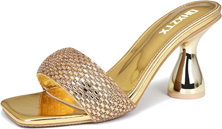 Women's Rhinestone Chunky Heel Mules Sandals Square Open Toe Slip On Kitten Heeled Backless Slides Slippers Fashion Wedges Pumps Dress Shoes Sexy