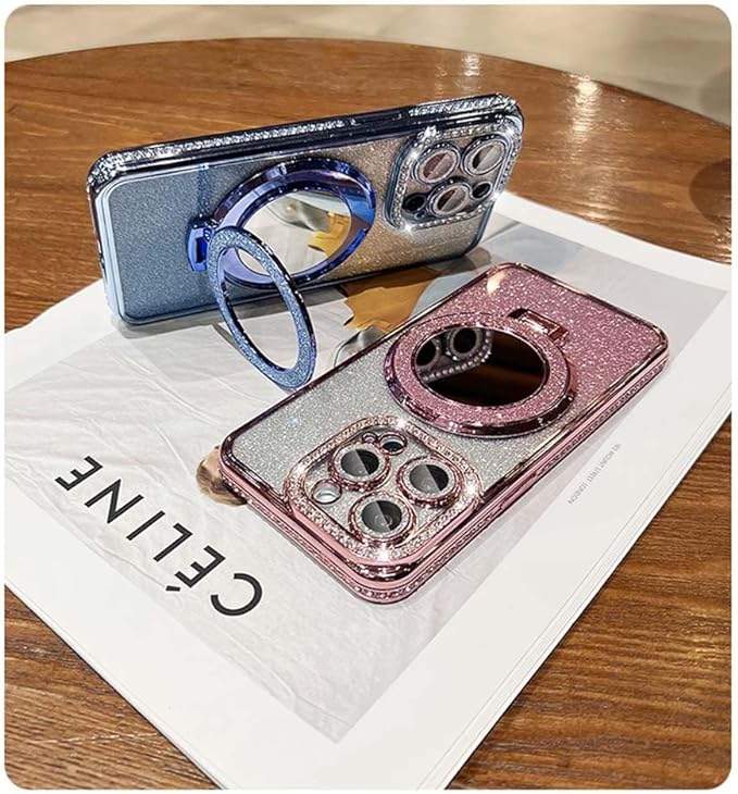 Fycyko for iPhone 15 Pro with Mirror Kickstand Glitter Luxury Magnetic Holder Stand Plated Bling Aesthetic Phone Case（Compatible with MagSafe） Shockproof for iPhone 15 Pro-Pink