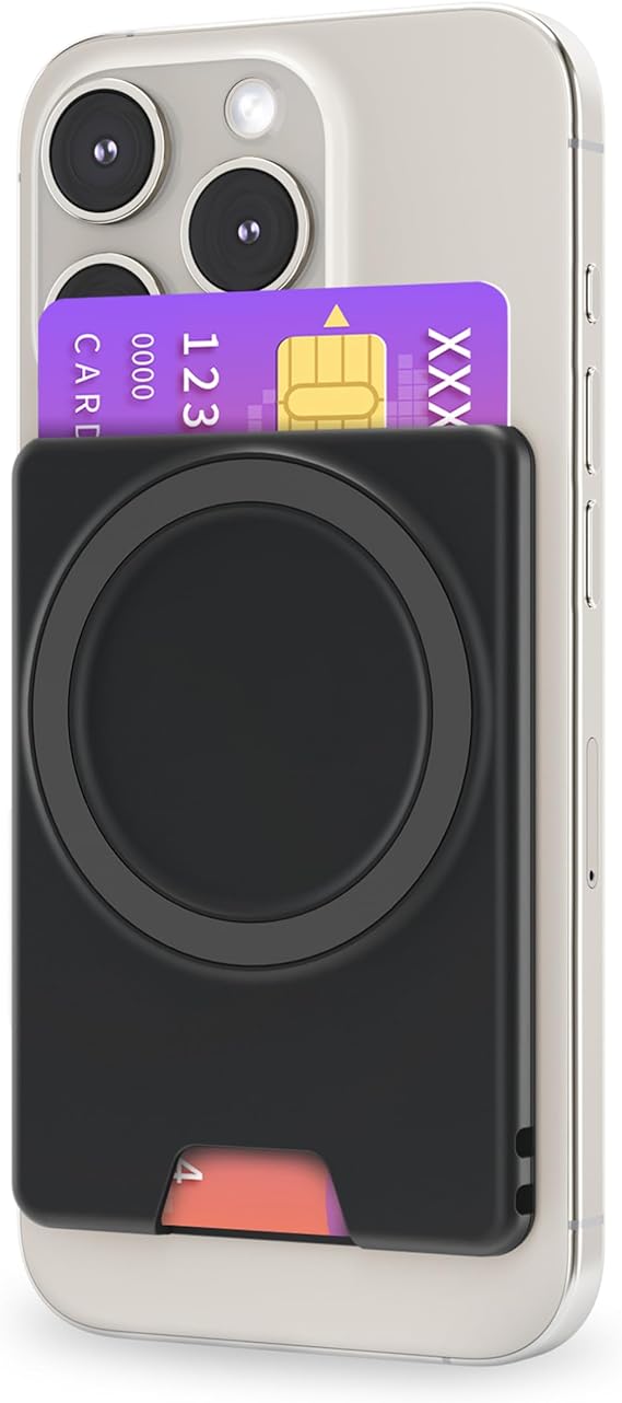 PROfezzion Minimalist Slim Magnetic Wallet, Anti-Slip Durable Plastic Card Holder 2-Cards Designed for MagSafe Compatible with iPhone 15 14 13 12 Pro Max Plus & MagSafe Case - Black