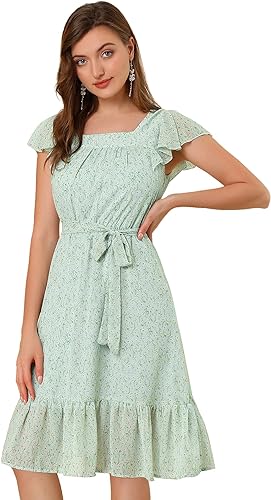 Allegra K Women's Floral Chiffon Flutter Sleeve Belted Square Neck Ruffled Hem Dress