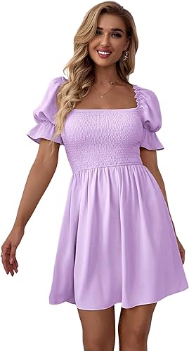 WDIRARA Women's Square Neck Flounce Short Sleeve Shirred Ruffle Hem Dress