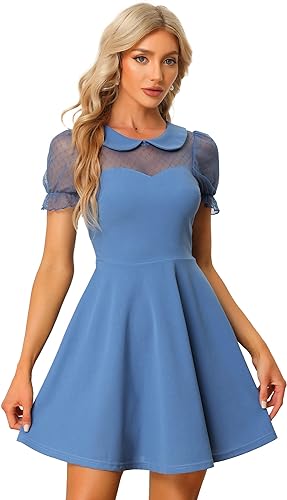 Allegra K Retro Dresses for Women's Peter Pan Collar Valentine's Day A-Line Mesh Sleeve Dress