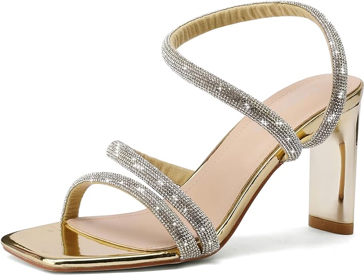 Gold Silver Square toe Heels for Women Rhinestone Sandals With prom Sexy Open Toe Square Elegant Summer Shoes