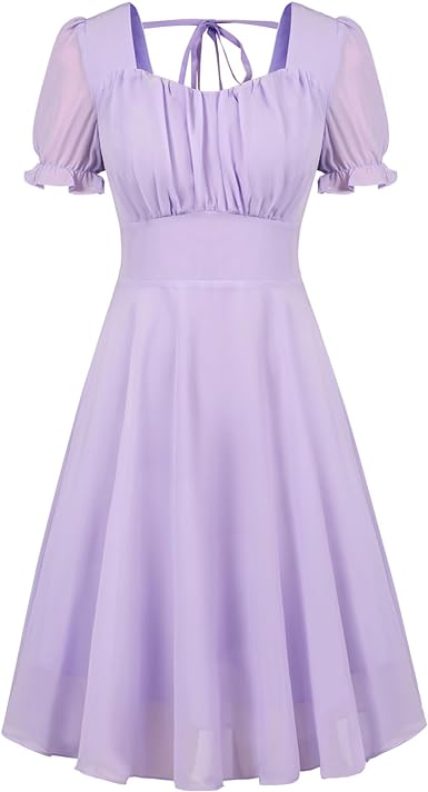 Belle Poque Women's Square Neck Short Lantern Sleeve Floral Swing Dresses 1950s Vintage Tie Backless Midi Aline Dress