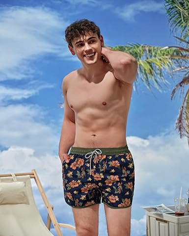 SURF CUZ Mens Swim Trunks 5" Swim Shorts Vintage Bathing Suits with Mesh Lining 80s 90s Retro Swimwear Board Shorts