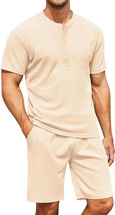 Men's 2 Piece Outfits Henley Shirt Short Sets Short Sleeve Waffle Stretch Summer Beach Casual Suit