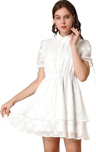 Allegra K Women's Peter Pan Collar Floral Drawstring Halloween Chiffon Layered Dress