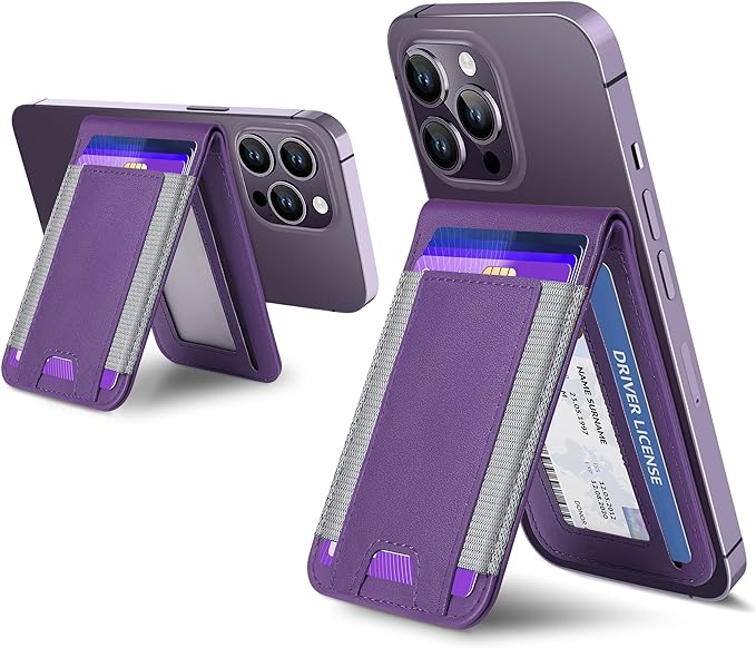 2-in-1 Magsafe Wallet, Up-grade with iPhone Wallet and Phone Stand, Open ID Window, Magnetic Wallet for iPhone 15/14 Pro Max/14 Pro/14/14 Plus/13/12 Series, 9 Cards Holder, Vegan Leather, Purple