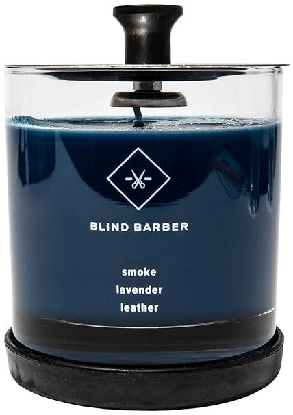 Blind Barber Tompkins Scented Candle - Long Lasting Soy Wax Man Candle in Barber Style Glass Jar with Notes of Leather, Smoke & Lavender - 40 Hour Burn Time (6.2 Ounce)