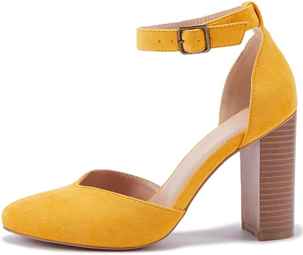 VETASTE Womens Chunky High Heel Pointed Toe Pumps Casual Ankle Strap Closed Toe Block Shoes