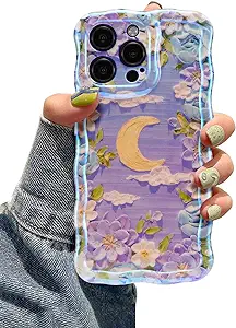 EYZUTAK Case for iPhone 15 Pro Max, Colorful Retro Oil Painting Flower Moon Pattern Laser Cute Curly Wave Edge Exquisite Phone Cover Stylish Durable TPU Protective Case for Girls Women - Purple White