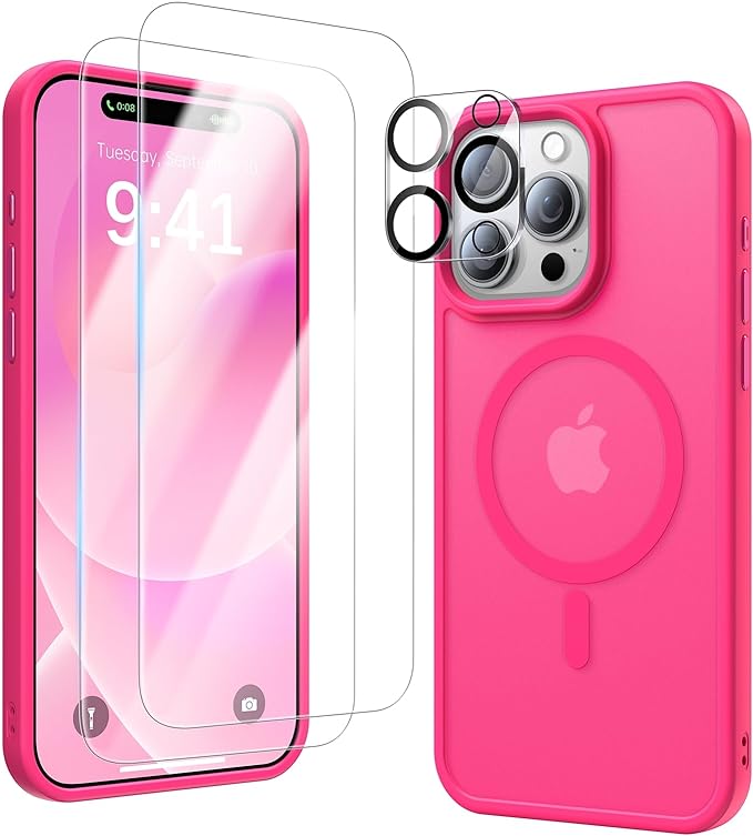 4 in 1 Magnetic for iPhone 15 Pro Max Case, Compatible with MagSafe[Military-Grade Protection], 9H+ Glass [1:1 Coverage] Screen Protector Translucent Cover for iPhone 15 Pro Max, Hot Pink