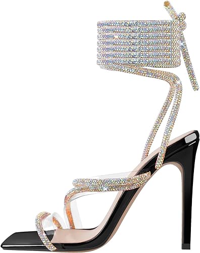 richealnini Women's Sparkly Clear Lace Up Ankle Strap High Heel Sandals
