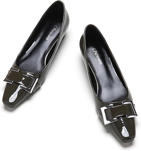 C.Paravano Women's Pumps | Closed Toe Chunky Heel | Leather Low Block Heels | Square Toe Low Heels | Dress Pumps Shoes