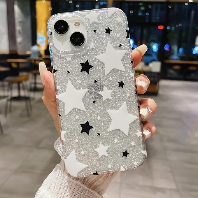 Compatible with iPhone 13 Case Bling Glitter White Black Stars Cute Case for Women Girls, Slim Hard Back Clear Phone Case for iPhone 13 6.1''