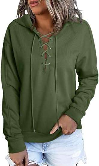 Dokotoo Womens 2023 Fashion Lace Up V Neck Drawstring Hoodies Sweatshirt Pullover Tops