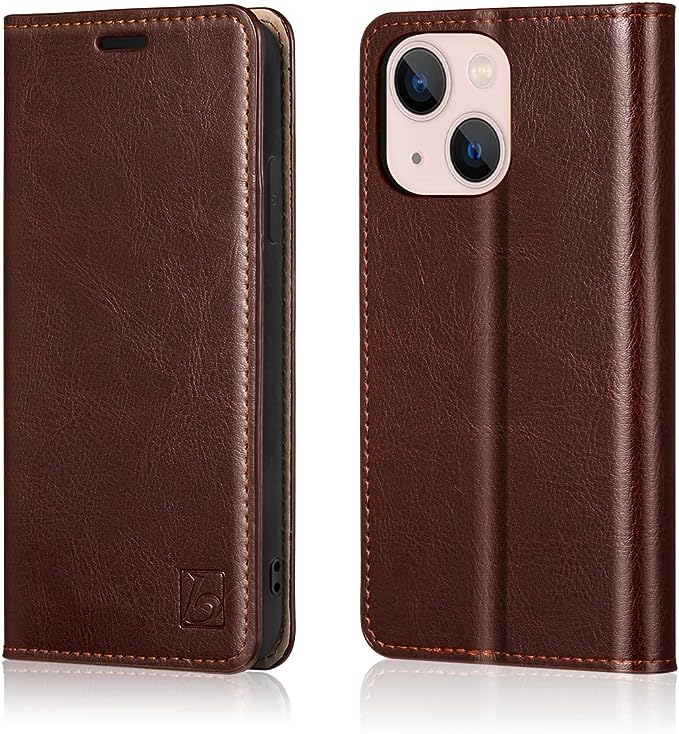 Belemay iPhone 14 Wallet Case - Genuine Leather Flip Cover with RFID Blocking, Shockproof TPU Shell, & Card Holders - Brown (6.1-inch)