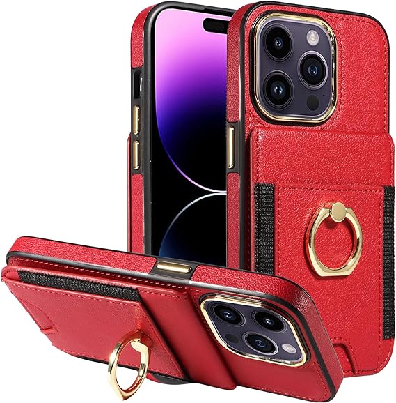 S. Dawezo Wallet Case Compatible for iPhone 14 Pro Max with Card Holder,360°Rotation Finger Ring Holder Leather Cover,RFID Blocking,Drop Protection with Magnetic Snap Case for 14 Pro Max-Red