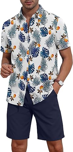 YTD Men's 2 Piece Outfits Tropical Print Short Sleeve Button Down Hawaiian Shirt and Beach Shorts Set