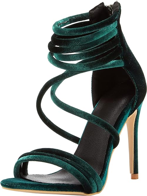 Women Cross Strap Suede High Heel Shoes Open Toe Sexy Evening Sandals Strappy Stilettos with Back Zip Green