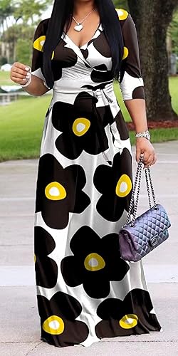 vunahzma Maxi Dress for Women Casual Sundress V-Neck 3/4 Sleeve Plus Size