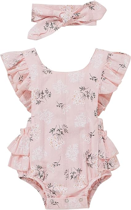 Newborn Baby Girls Daisy Romper Ruffled Sleeve Onesie Dress Playsuits Floral Jumpsuit Infant Summer Clothes Headband
